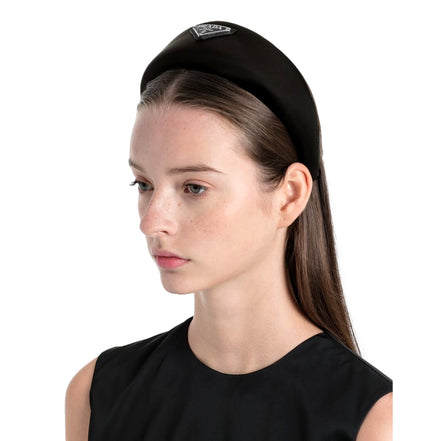 Prada Black Tessuto Nylon Padded Headband with Triangle Logo - available at Queen Bee of Beverly Hills. 