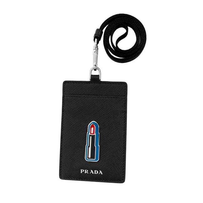 Prada Lipstick Plaque Black Saffiano Leather ID Cardholder Lanyard available at Queen Bee of Beverly Hills