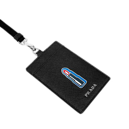 Prada Lipstick Plaque Black Saffiano Leather ID Cardholder Lanyard available at Queen Bee of Beverly Hills