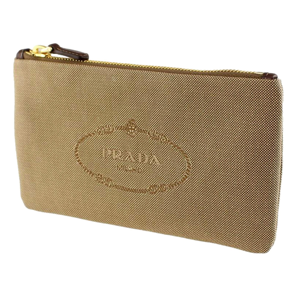 Prada Logo Jacquard Beige Canvas Small Flat Pouch Clutch Bag at_Queen_Bee_of_Beverly_Hills