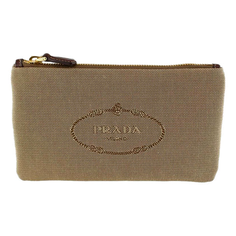 Prada Logo Jacquard Beige Canvas Small Flat Pouch Clutch Bag at_Queen_Bee_of_Beverly_Hills