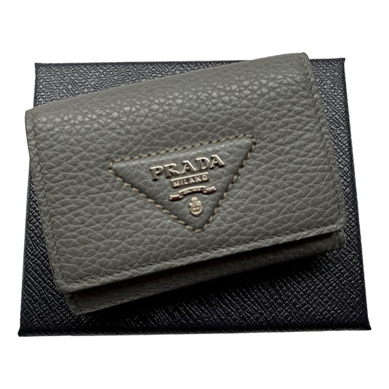 Prada Marmo Marble Grey Vitello Daino Leather Silver Logo Trifold Wallet available at Queen Bee of Beverly Hills