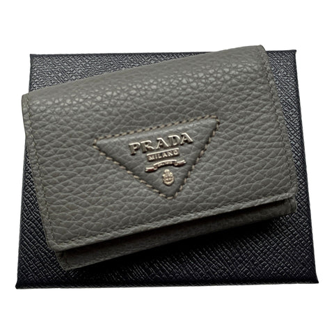 Prada Marmo Marble Grey Vitello Daino Leather Silver Logo Trifold Wallet available at Queen Bee of Beverly Hills