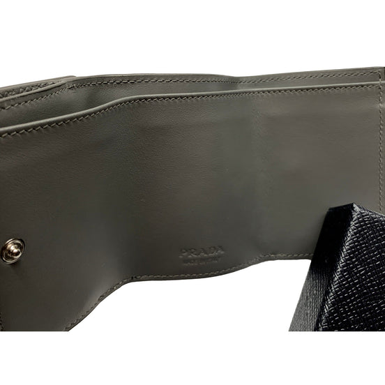 Prada Marmo Marble Grey Vitello Daino Leather Silver Logo Trifold Wallet available at Queen Bee of Beverly Hills