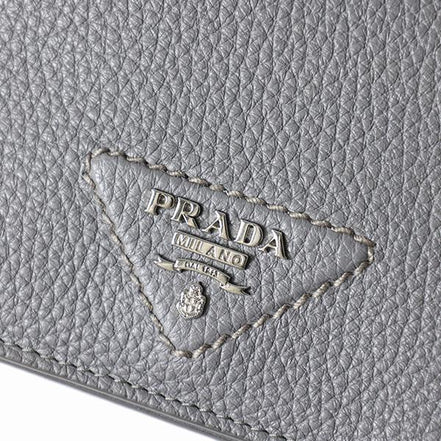Prada Marmo Marble Grey Vitello Daino Leather Silver Triangle Logo Bifold Wallet available at Queen Bee of Beverly Hills