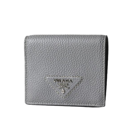 Prada Marmo Marble Grey Vitello Daino Leather Silver Triangle Logo Bifold Wallet available at Queen Bee of Beverly Hills
