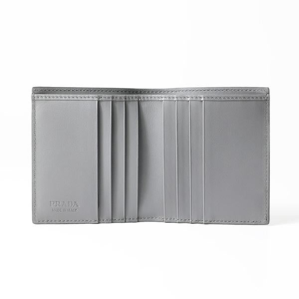 Prada Marmo Marble Grey Vitello Daino Leather Silver Triangle Logo Bifold Wallet available at Queen Bee of Beverly Hills