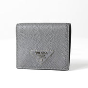 Prada Marmo Marble Grey Vitello Daino Leather Silver Triangle Logo Bifold Wallet available at Queen Bee of Beverly Hills