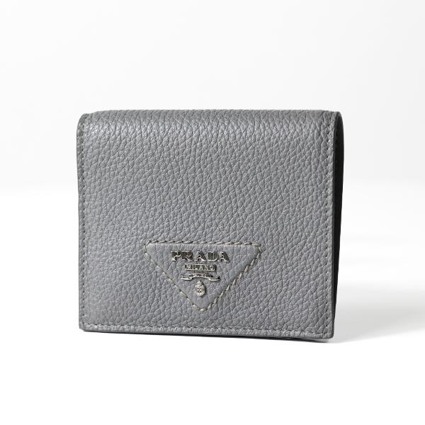 Prada Marmo Marble Grey Vitello Daino Leather Silver Triangle Logo Bifold Wallet available at Queen Bee of Beverly Hills