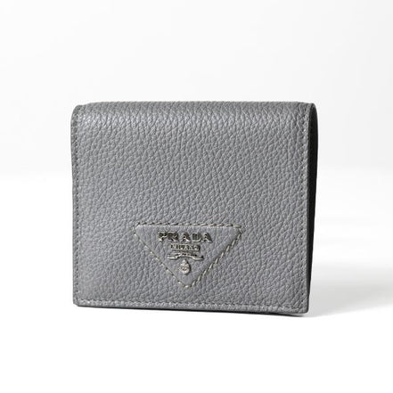 Prada Marmo Marble Grey Vitello Daino Leather Silver Triangle Logo Bifold Wallet available at Queen Bee of Beverly Hills