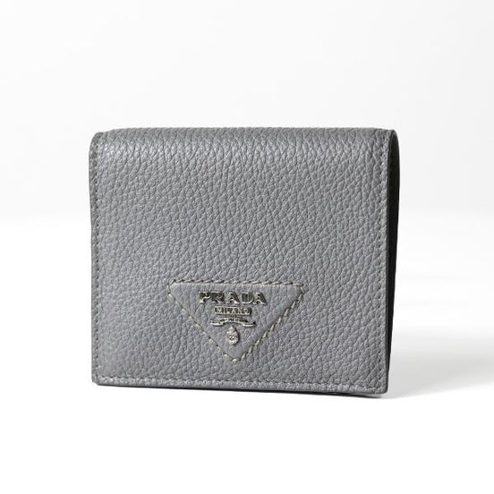 Prada Marmo Marble Grey Vitello Daino Leather Silver Triangle Logo Bifold Wallet available at Queen Bee of Beverly Hills