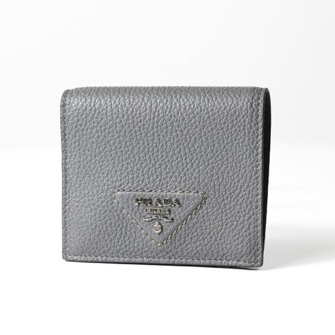 Prada Marmo Marble Grey Vitello Daino Leather Silver Triangle Logo Bifold Wallet available at Queen Bee of Beverly Hills