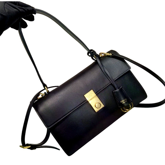 Prada Soft Sound Medium Black Soft Grain Leather Shoulder Bag - available at Queen Bee of Beverly Hills.