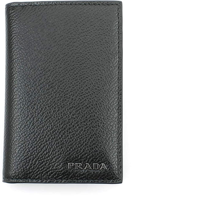 Prada Men's Vitello Micro Grain Black Leather Vertical Bifold Card Holder Silver Logo available at Queen Bee of Beverly Hills
