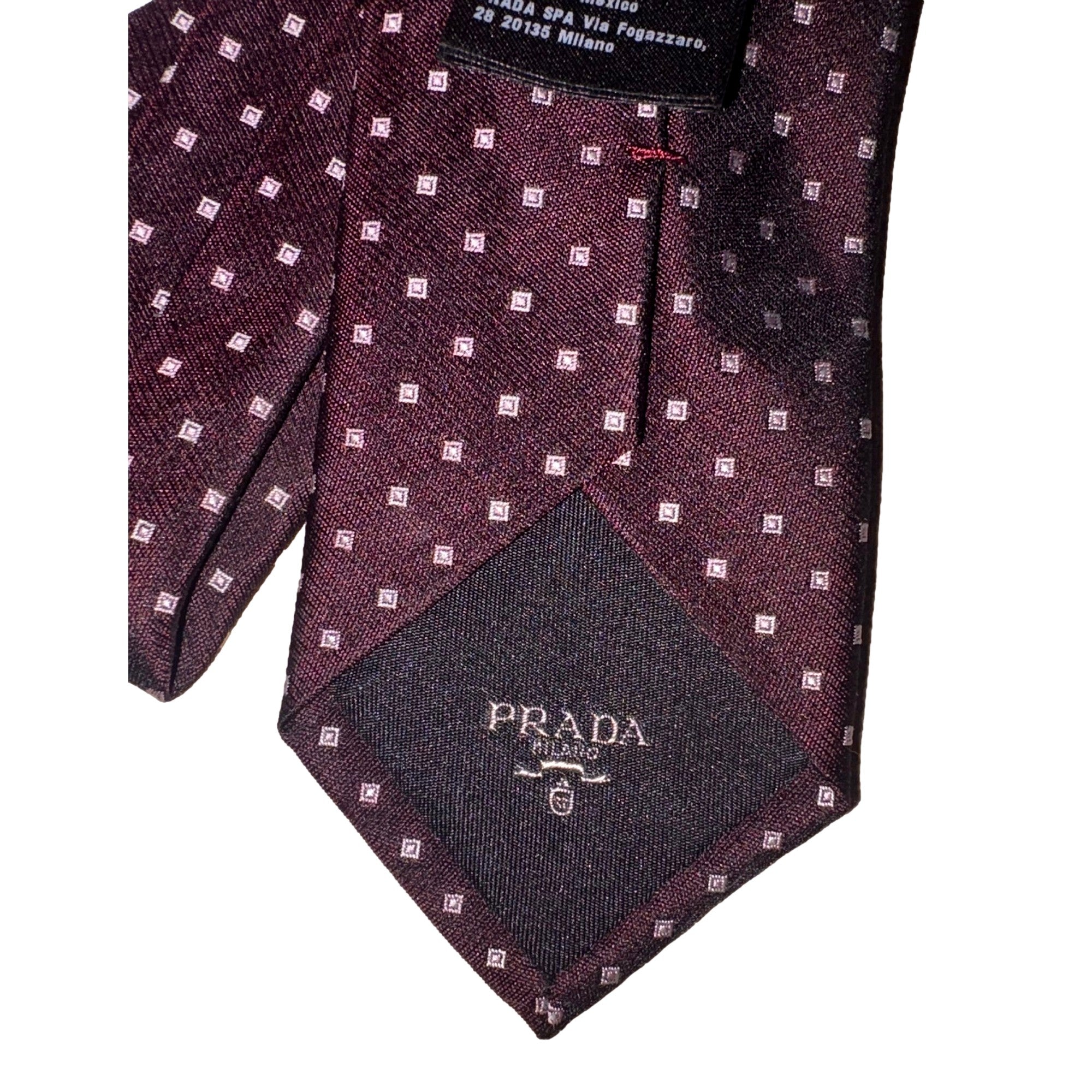 Prada Mens Neck Tie Bordeaux Red Silk Geometric Pattern available at Queen Bee of Beverly Hills
