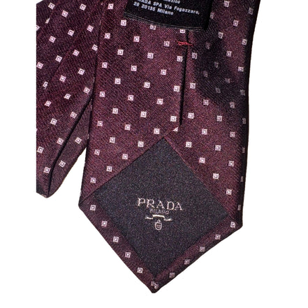 Prada Mens Neck Tie Bordeaux Red Silk Geometric Pattern available at Queen Bee of Beverly Hills