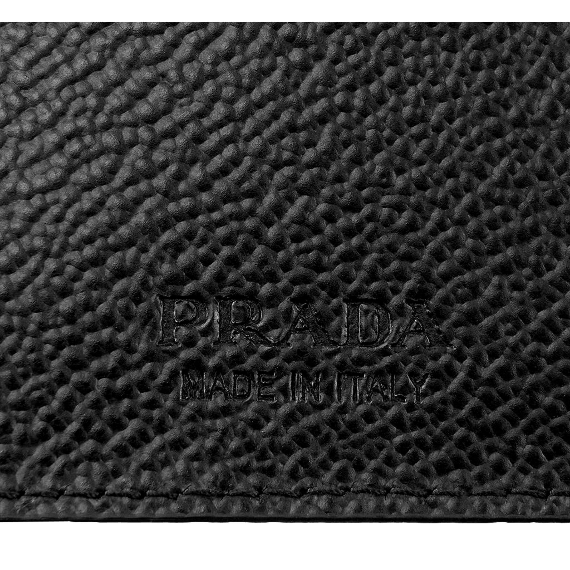 Prada Mens Vitello Micro Grain Black Leather Triangle Logo Bifold Wallet available at Queen Bee of Beverly Hills