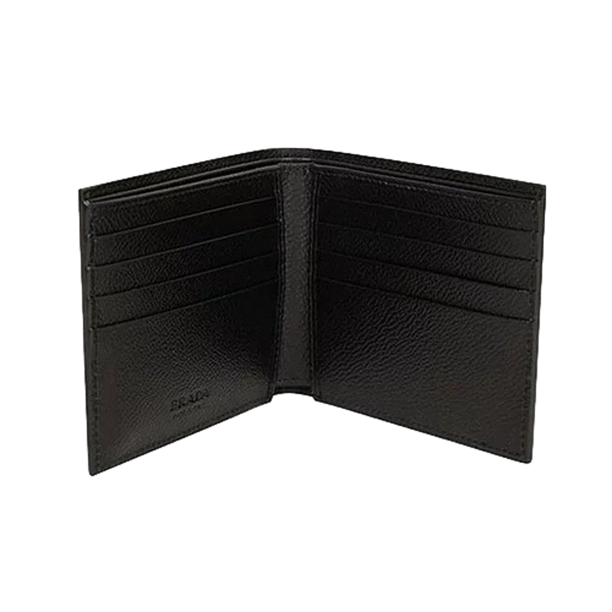 Prada Mens Vitello Micro Grain Black Leather Triangle Logo Bifold Wallet available at Queen Bee of Beverly Hills