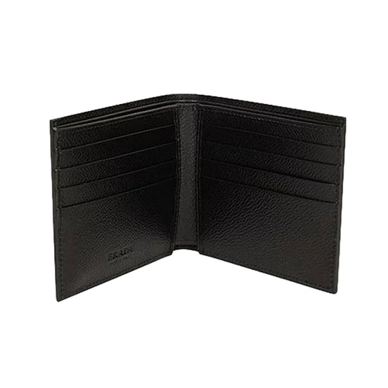 Prada Mens Vitello Micro Grain Black Leather Triangle Logo Bifold Wallet available at Queen Bee of Beverly Hills