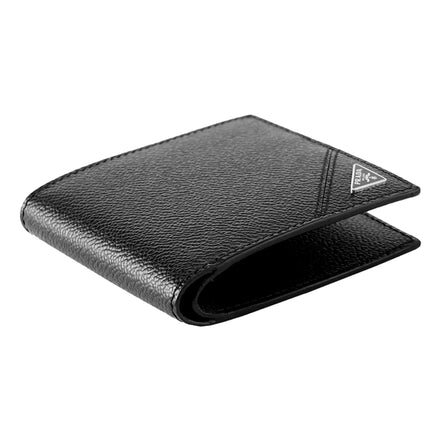 Prada Mens Vitello Micro Grain Black Leather Triangle Logo Bifold Wallet available at Queen Bee of Beverly Hills