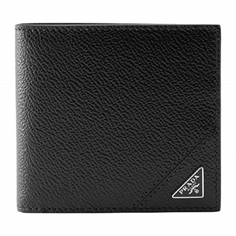 Prada Mens Vitello Micro Grain Black Leather Triangle Logo Bifold Wallet available at Queen Bee of Beverly Hills