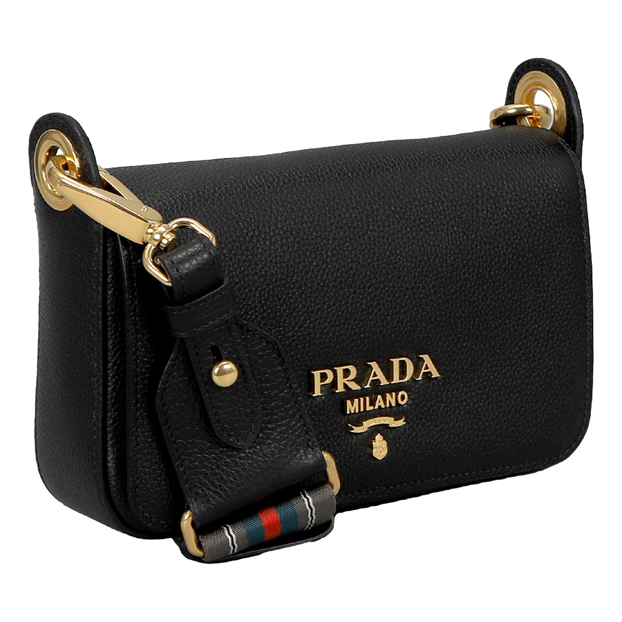 Prada Milano Black Small Leather Crossbody Bag Web Stripe Strap available at Queen Bee of Beverly Hills
