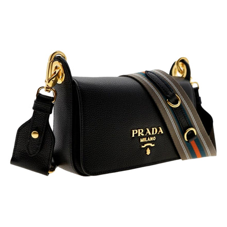 Prada Milano Black Small Leather Crossbody Bag Web Stripe Strap available at Queen Bee of Beverly Hills