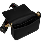 Prada Milano Black Small Leather Crossbody Bag Web Stripe Strap available at Queen Bee of Beverly Hills