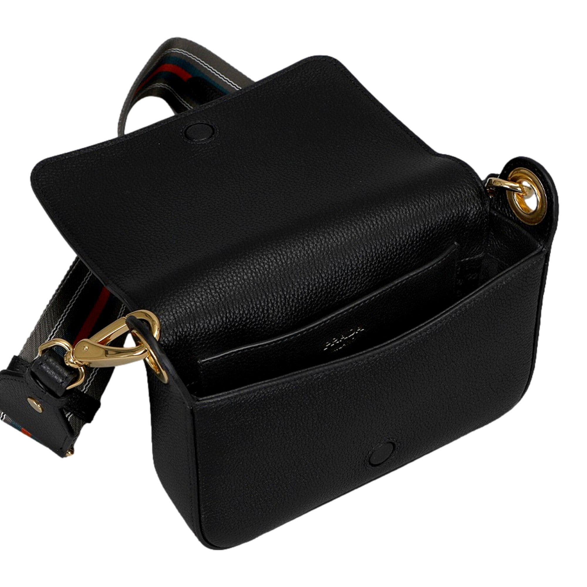 Prada Milano Black Small Leather Crossbody Bag Web Stripe Strap available at Queen Bee of Beverly Hills