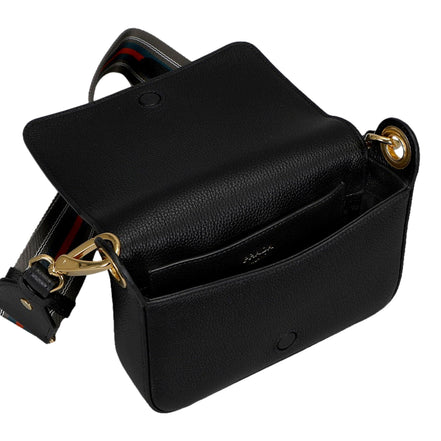 Prada Milano Black Small Leather Crossbody Bag Web Stripe Strap available at Queen Bee of Beverly Hills