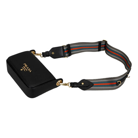 Prada Milano Black Small Leather Crossbody Bag Web Stripe Strap available at Queen Bee of Beverly Hills