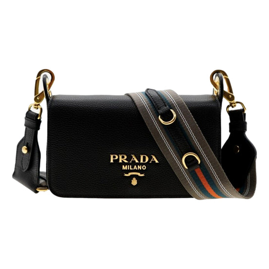 Prada Milano Black Small Leather Crossbody Bag Web Stripe Strap available at Queen Bee of Beverly Hills