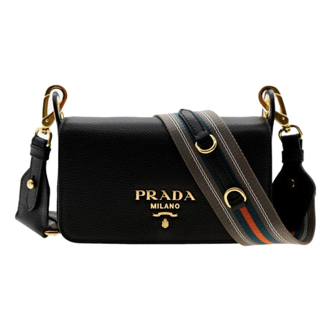 Prada Milano Black Small Leather Crossbody Bag Web Stripe Strap available at Queen Bee of Beverly Hills