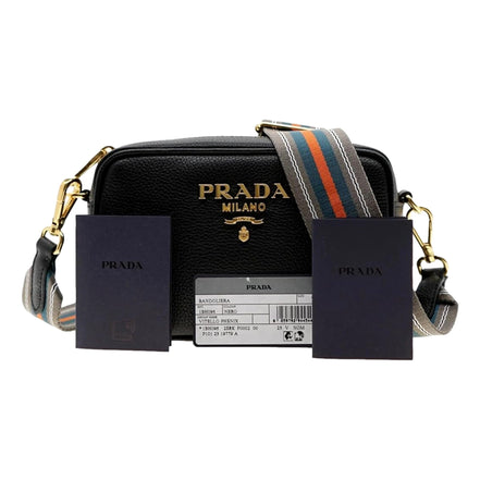 Prada Milano Vitello Phenix Nero Leather Crossbody Bag Web Stripe Strap available at Queen Bee of Beverly Hills