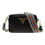 Prada Milano Vitello Phenix Nero Leather Crossbody Bag Web Stripe Strap available at Queen Bee of Beverly Hills