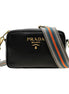 Prada Milano Vitello Phenix Nero Leather Crossbody Bag Web Stripe Strap available at Queen Bee of Beverly Hills
