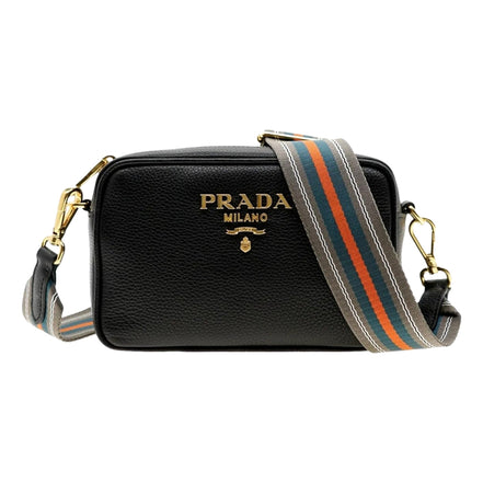 Prada Milano Vitello Phenix Nero Leather Crossbody Bag Web Stripe Strap available at Queen Bee of Beverly Hills