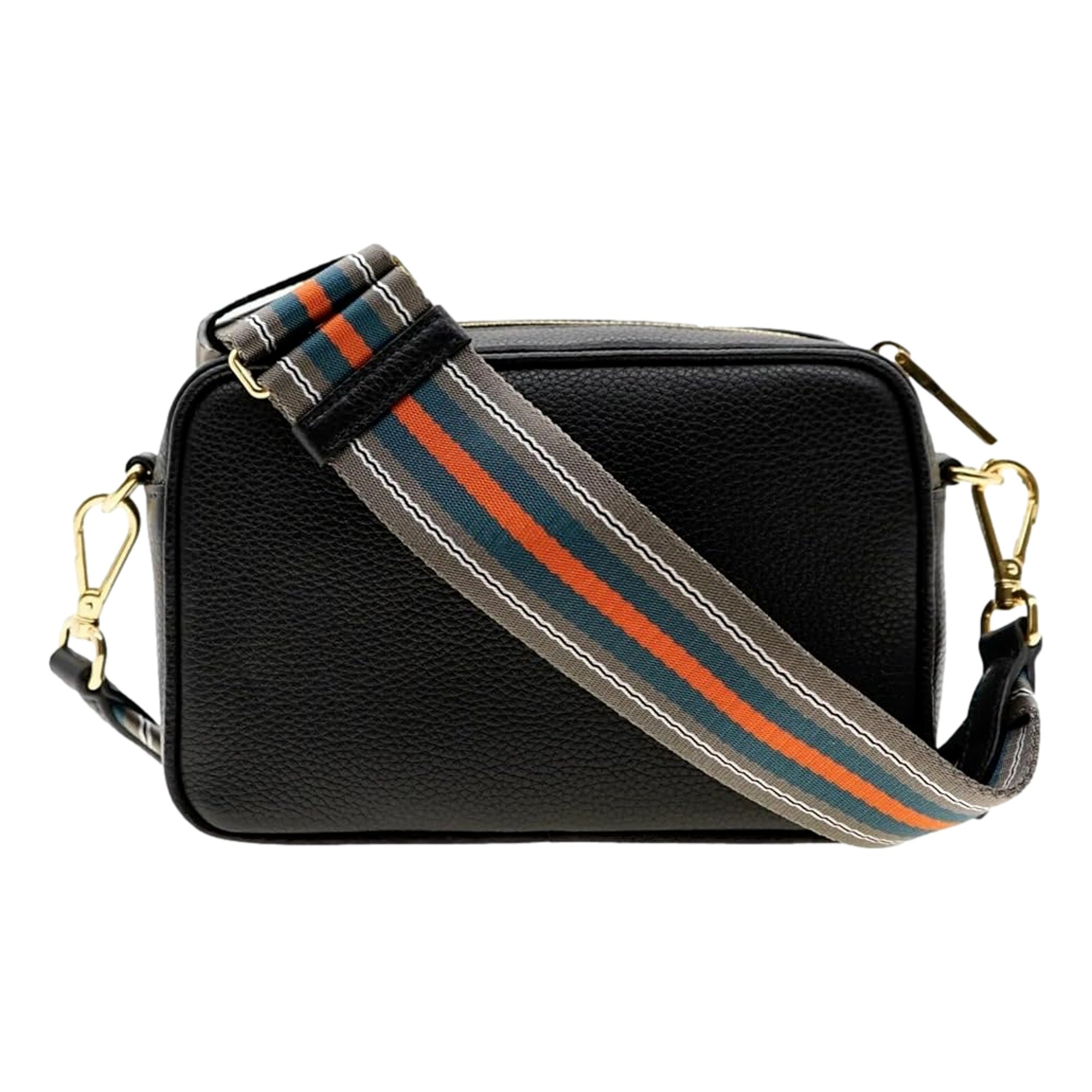 Prada Milano Vitello Phenix Nero Leather Crossbody Bag Web Stripe Strap available at Queen Bee of Beverly Hills