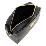 Prada Milano Vitello Phenix Nero Leather Crossbody Bag Web Stripe Strap available at Queen Bee of Beverly Hills