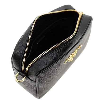 Prada Milano Vitello Phenix Nero Leather Crossbody Bag Web Stripe Strap available at Queen Bee of Beverly Hills