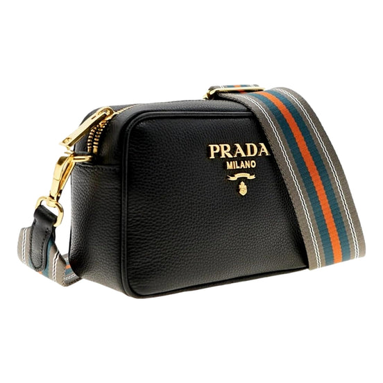 Prada Milano Vitello Phenix Nero Leather Crossbody Bag Web Stripe Strap available at Queen Bee of Beverly Hills