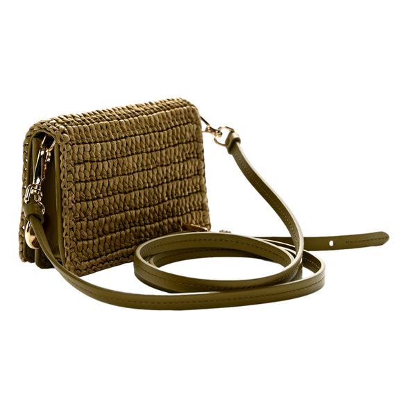 Prada Olive Green Crochet Raffia Mini Crossbody Bag with Leather Strap - available at Queen Bee of Beverly Hills. 