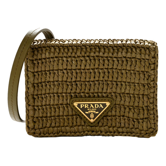 Prada Olive Green Crochet Raffia Mini Crossbody Bag with Leather Strap - available at Queen Bee of Beverly Hills. 