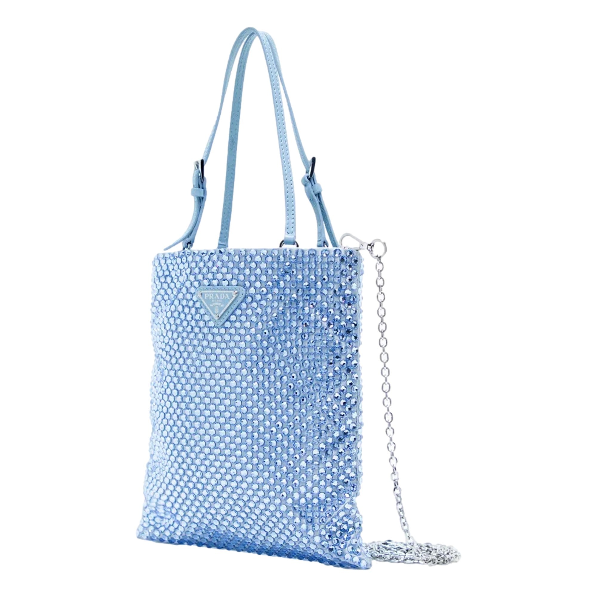 Prada Mini Satin Crystal Embellished Double Handle Crossbody Handbag Light Blue available at Queen Bee of Beverly Hills