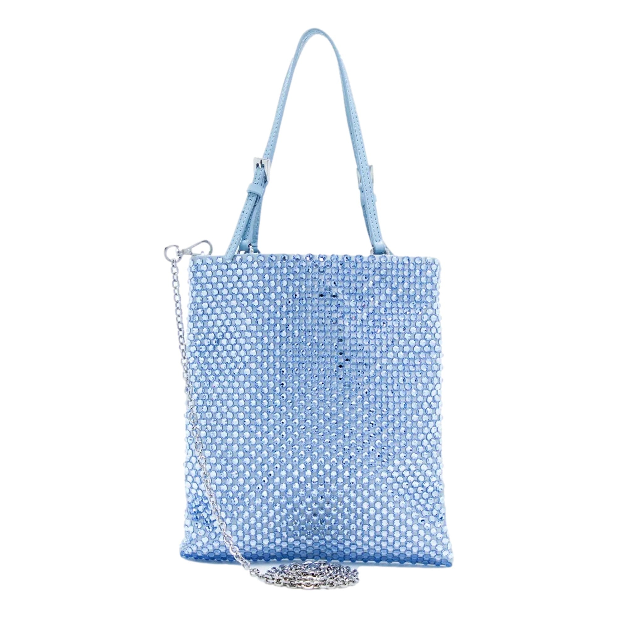 Prada Mini Satin Crystal Embellished Double Handle Crossbody Handbag Light Blue available at Queen Bee of Beverly Hills