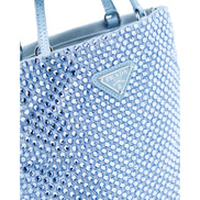 Prada Mini Satin Crystal Embellished Double Handle Crossbody Handbag Light Blue available at Queen Bee of Beverly Hills