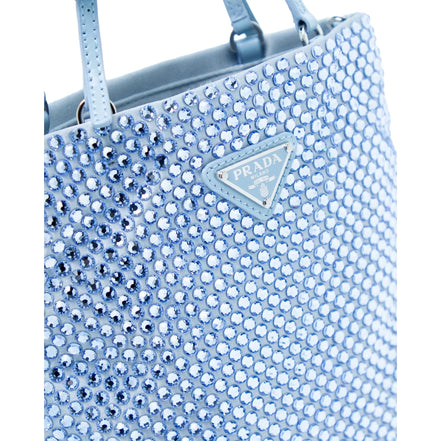 Prada Mini Satin Crystal Embellished Double Handle Crossbody Handbag Light Blue available at Queen Bee of Beverly Hills