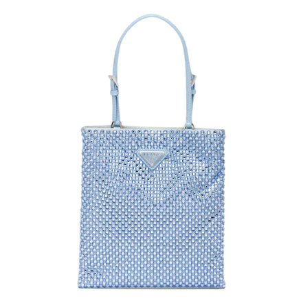 Prada Mini Satin Crystal Embellished Double Handle Crossbody Handbag Light Blue available at Queen Bee of Beverly Hills