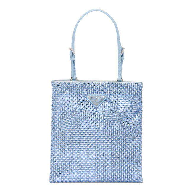 Prada Mini Satin Crystal Embellished Double Handle Crossbody Handbag Light Blue available at Queen Bee of Beverly Hills