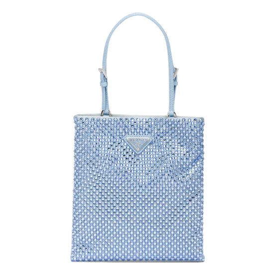 Prada Mini Satin Crystal Embellished Double Handle Crossbody Handbag Light Blue available at Queen Bee of Beverly Hills